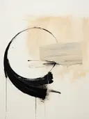 Abstract schilderij met een zwarte cirkelboog en een beige rechthoekig vlak.