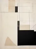 Geometrisch abstract werk met een zwarte driehoek en zandkleurige rechthoeken.