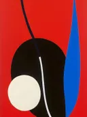Abstract schilderij met zwarte druppelvorm op rode achtergrond
