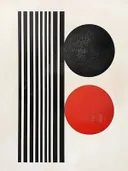 Minimalistisch schilderij met zwarte en rode cirkels en strepen