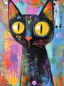 Zwarte kat met grote gele ogen op een kleurrijke abstracte achtergrond