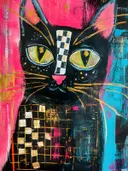 Zwarte kat met gele ogen en een geblokt gouden patroon tegen een roze achtergrond