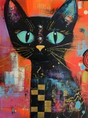 Zwarte kat met turquoise ogen en een gouden geblokt patroon op de hals