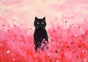 Schilderij van een zwarte kat met gele ogen in een roze en rood bloemenveld