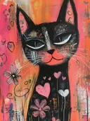 Zwarte kat met blauwe ogen tussen roze bloemen en hartjes op een oranje achtergrond