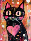 Zwarte kat met grote ogen en hartjes, popart schilderij