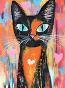 Schilderij van een zwarte kat met oranje vlekken, blauwe ogen en roze en blauwe hartjes op een kleurrijke achtergrond