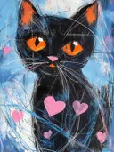 Zwarte kat met oranje ogen en oren, omringd door roze hartjes op blauwe achtergrond
