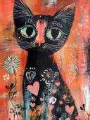 Zwarte kat met groene ogen versierd met roze hartjes tegen een oranje achtergrond