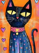 Zwarte kat met gele ogen en een roze hartjeshalsband tegen een oranje achtergrond met hartjes