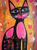 Zwarte kat met roze oren en neus omringd door roze hartjes op oranje achtergrond