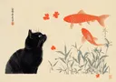 Illustratie van een zwarte kat met koivissen, rode bloesem en bamboe
