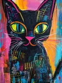 Zwarte kat met neonroze oren en geel-groene ogen tegen een felgekleurde achtergrond