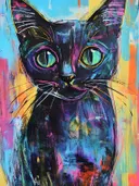 Schilderij van een zwarte kat met roze en gele neon omlijnde ogen tegen een felgekleurde gestreepte achtergrond
