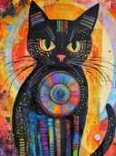 Zwarte kat met regenboogschijf, dieren schilderij