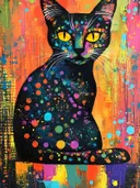Schilderij van een zwarte kat bedekt met kleurrijke verfspetters tegen een regenboogkleurige achtergrond