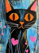 Zwarte kat met roze oren en oranje ogen tegen blauwe achtergrond met hartjes