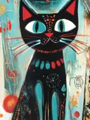 Schilderij van een zwarte kat met rode driehoekige oren en turquoise stippen op het lichaam tegen een lichtblauwe achtergrond