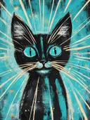 Zwarte kat met turquoise ogen tegen een turquoise achtergrond met gouden stralen