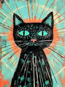 Schilderij van een zwarte kat met turquoise ogen tegen een oranje en turquoise achtergrond met stralen