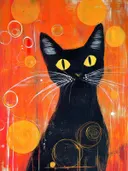 Zwarte kat met gele ogen omringd door oranje cirkels op een oranje achtergrond