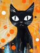Zwarte kat met grote witte ogen tegen een oranje achtergrond met ronde stippen