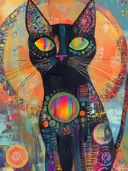 Zwarte kat met regenboogkleurige ogen tegen een oranje mandala-patroon achtergrond met een zon