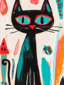 Grafisch gestileerde zwarte kat met rood omrande turquoise ogen op een crème achtergrond met retro vormen