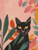 Schilderij van een zwarte kat tussen bladeren, kinderkamer wanddecoratie