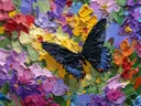 Schilderij van een zwarte vlinder tussen gele en paarse bloemen