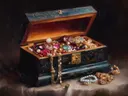 Schilderij van een zwarte lakdoos met juwelen
