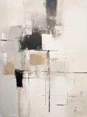Minimalistisch abstract werk met een zwart vlak en dunne lijnen op crème achtergrond.