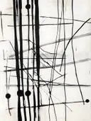 Abstract schilderij met zwarte lijnen en stippen