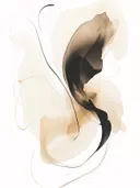 Abstract schilderij met een kronkelende zwarte vorm op lichte beige achtergrond.