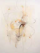 Abstract schilderij met een kronkelende zwarte lintvorm op beige achtergrond.