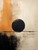 Minimalistisch schilderij met zwarte cirkel en oranje horizon
