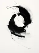 Abstract schilderij met een ronde zwarte penseelstreek en inktspatten op wit.