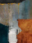 Expressief abstract schilderij met zwarte penseelstreek en goud