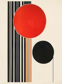 Grafisch schilderij met strepen en cirkels in zwart en rood