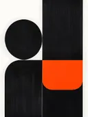 Minimalistisch schilderij met zwarte vlakken en oranje cirkel