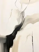 Abstract schilderij met een golvende zwarte penseelstreek op crèmekleurige achtergrond met dunne lijnen.