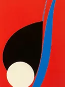 Abstract schilderij met zwarte vorm op rode achtergrond en blauwe strepen