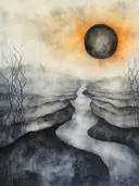 Zwarte eclipszon boven een mistige rivier in een grijs landschap met kale bomen