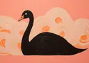 Illustratie van een zwarte zwaan tegen een patroon van perzikkleurige golven