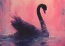 Expressief schilderij van een zwarte zwaan in roze en paarse waternevel
