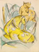 Zwei gelbe Tiere (Zwei gelbe Rehe) 1912 13 van Franz Marc: dieren met reeën, dieren, geel en riet, in geel op crème