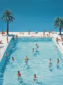 Schilderij van een zwembad met zwemmers en palmbomen onder een blauwe lucht