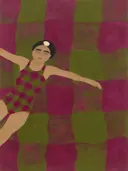 Schilderij van zwemmer in magenta en olijfgroen, in vlakke kleurvlakken