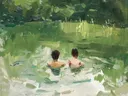 Schilderij van twee zwemmers in een groene vijver