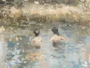 Abstract schilderij van twee zwemmers in gouden water.